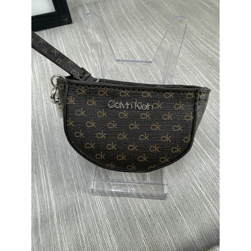 Calvin Klein Monogram zip Coin Purse Pouch Brown Logo Print Key Ring Clip NEW